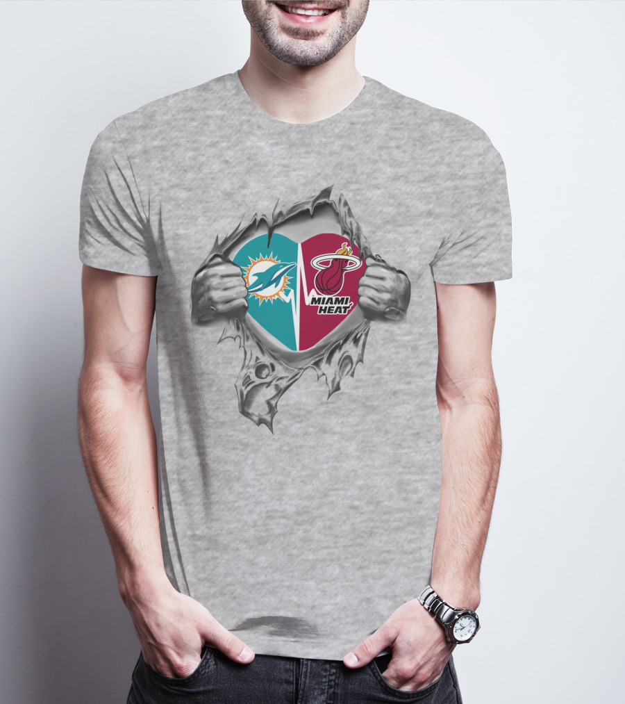 Miami Dolphins And Miami Heat Heart Torn Open Logo Passion T-Shirt