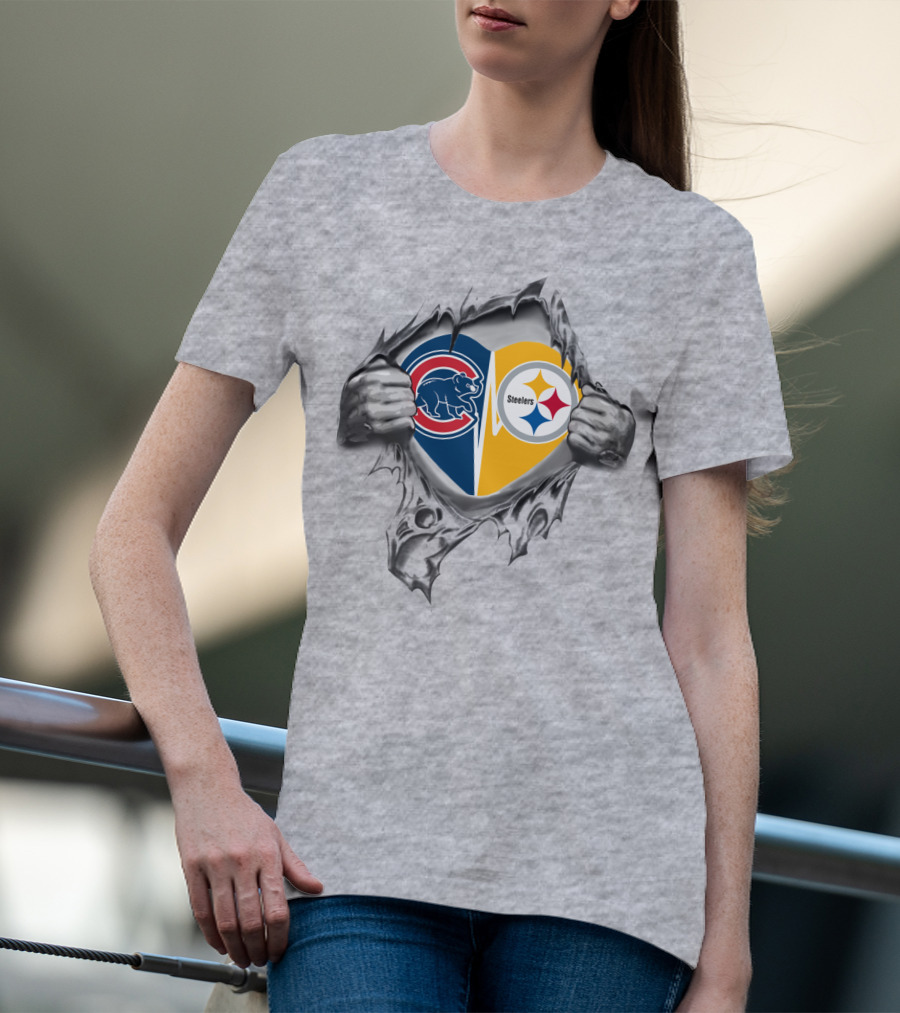 Cubs Steelers Heart Logo Ripped T-Shirt