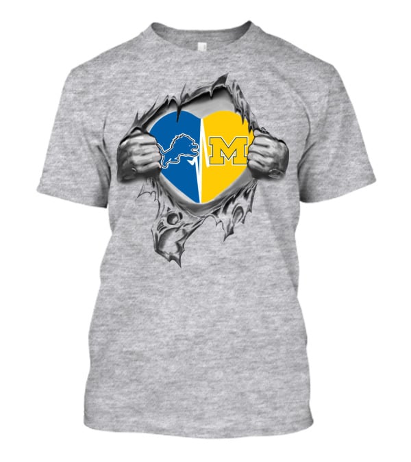 Detroit Lions Michigan Wolverines Heart Blue Yellow Split T-Shirt