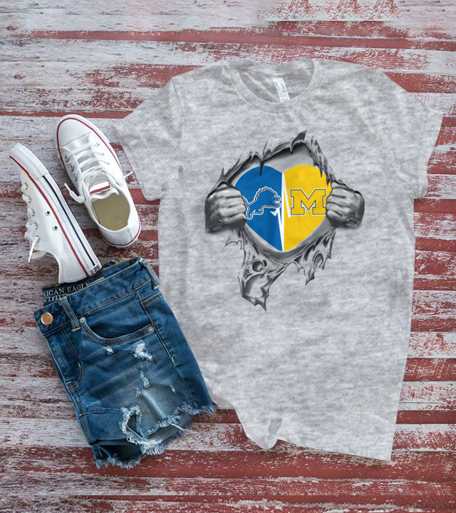 Detroit Lions Michigan Wolverines Heart Blue Yellow Split T-Shirt