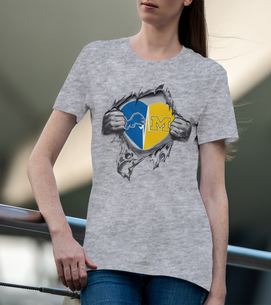 Detroit Lions Michigan Wolverines Heart Blue Yellow Split T-Shirt