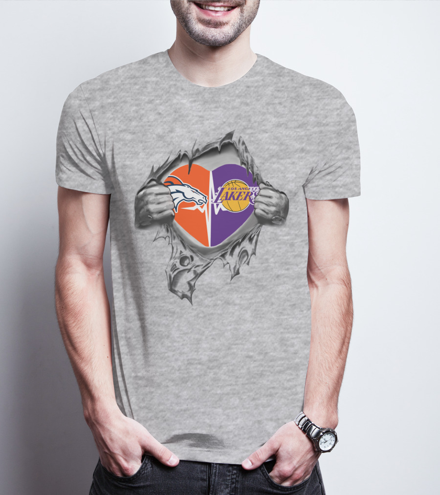 Broncos Lakers Heart With Iconic Logos And Hands Tearing Passionately T-Shirt