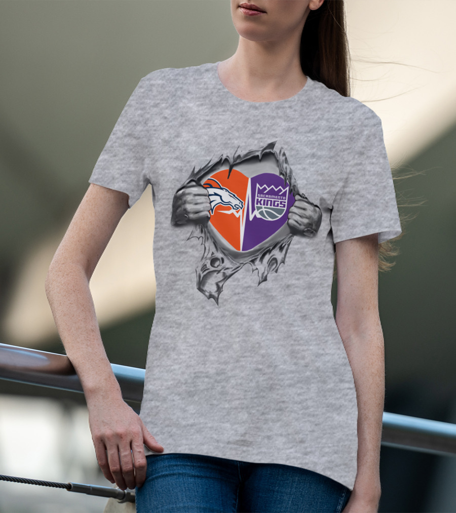 Broncos Sacramento Kings Heart Torn Metal T-Shirt