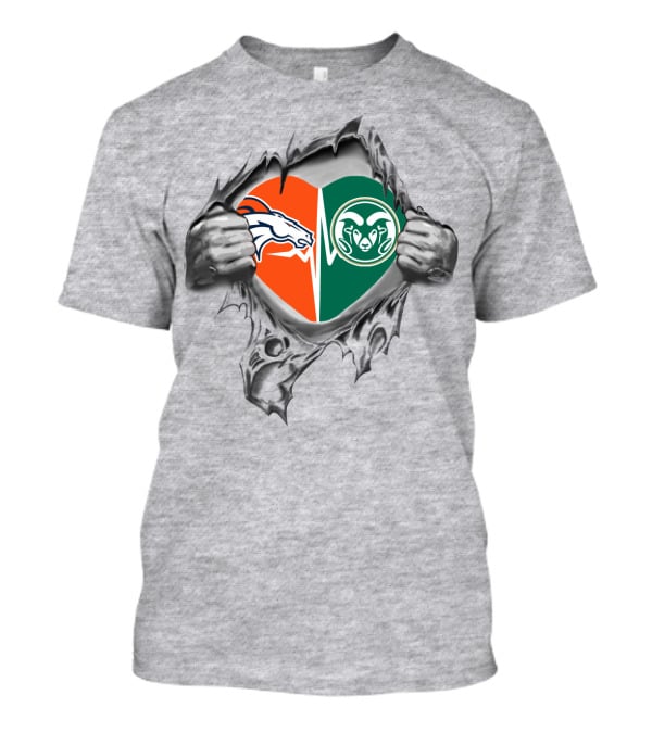 Broncos Rams Split Heart Torn Reveal T-Shirt