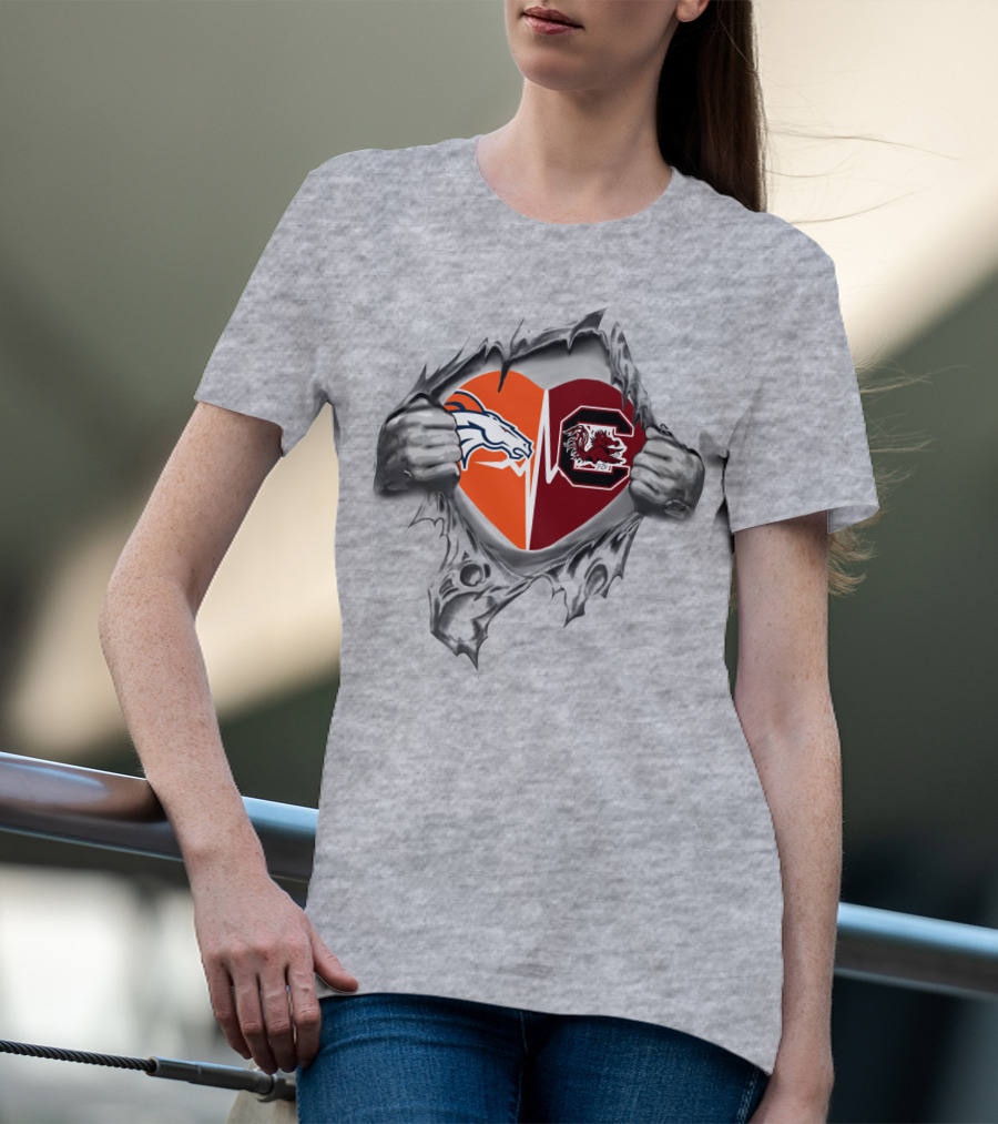 Broncos Gamecocks Heart Rip Logo Blend T-Shirt