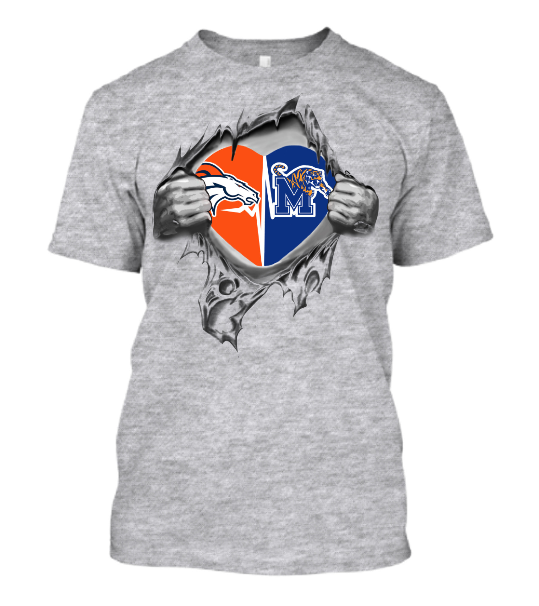Broncos Memphis Tigers Heart Logo With Ripped Effect T-Shirt