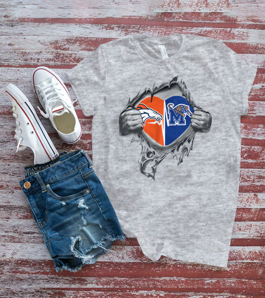 Broncos Memphis Tigers Heart Logo With Ripped Effect T-Shirt