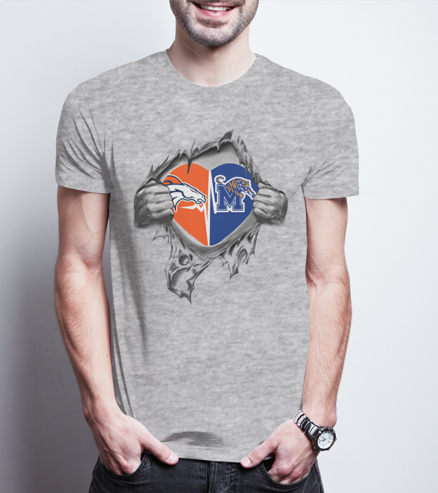 Broncos Memphis Tigers Heart Logo With Ripped Effect T-Shirt