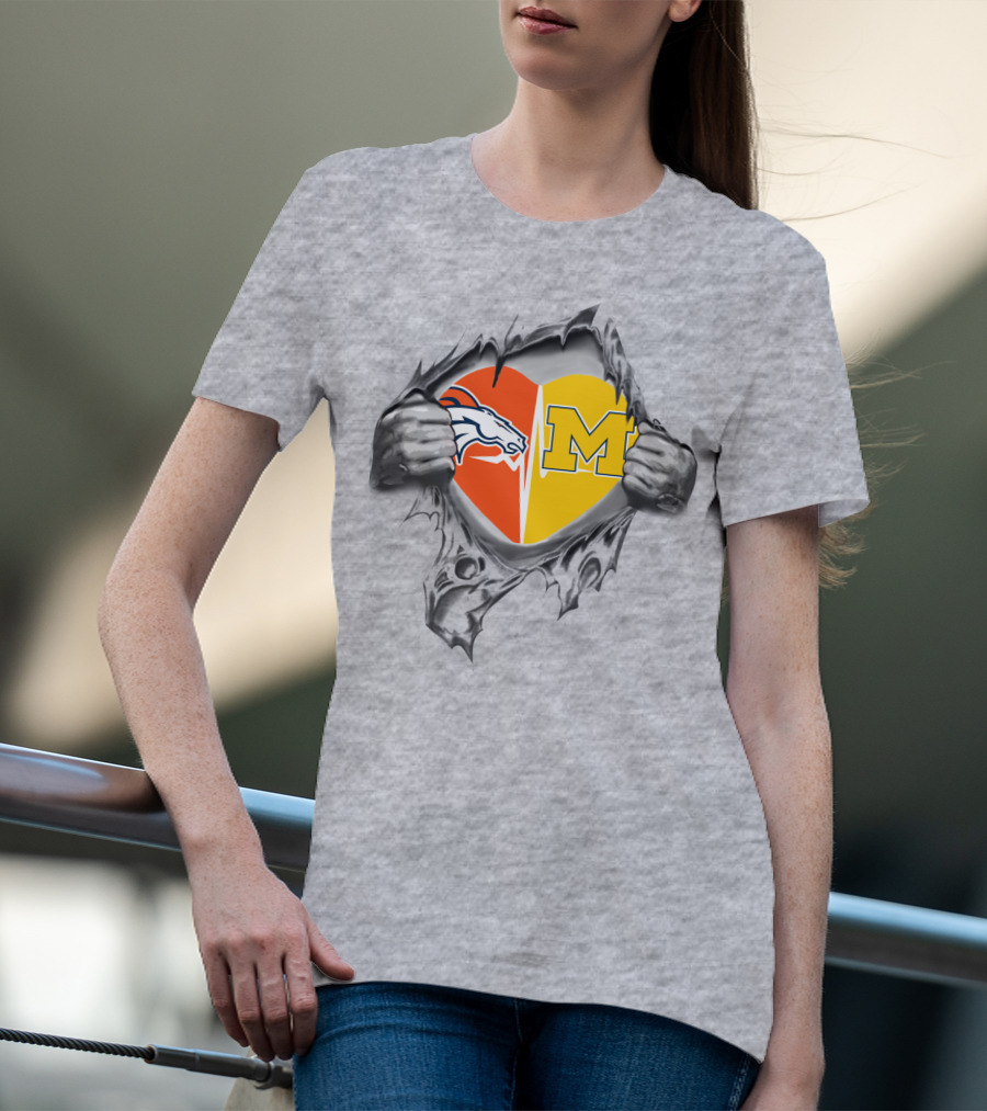 Broncos Michigan Heart Logo Tearing Dual Team Pride T-Shirt