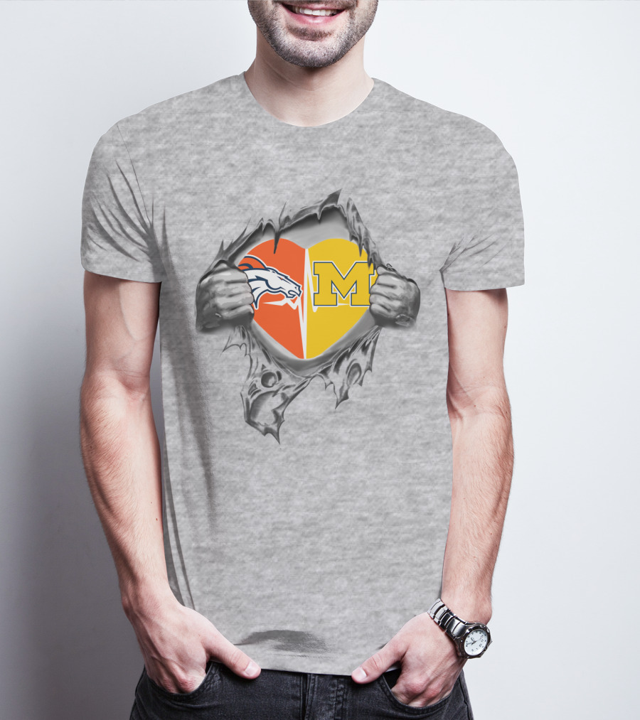 Broncos Michigan Heart Logo Tearing Dual Team Pride T-Shirt