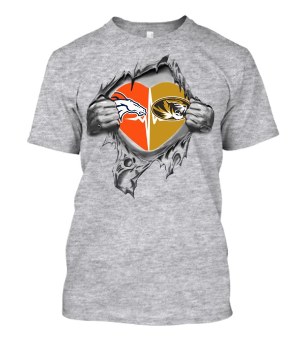 Broncos Missouri Tigers Heart Logos In Torn Hands T-Shirt
