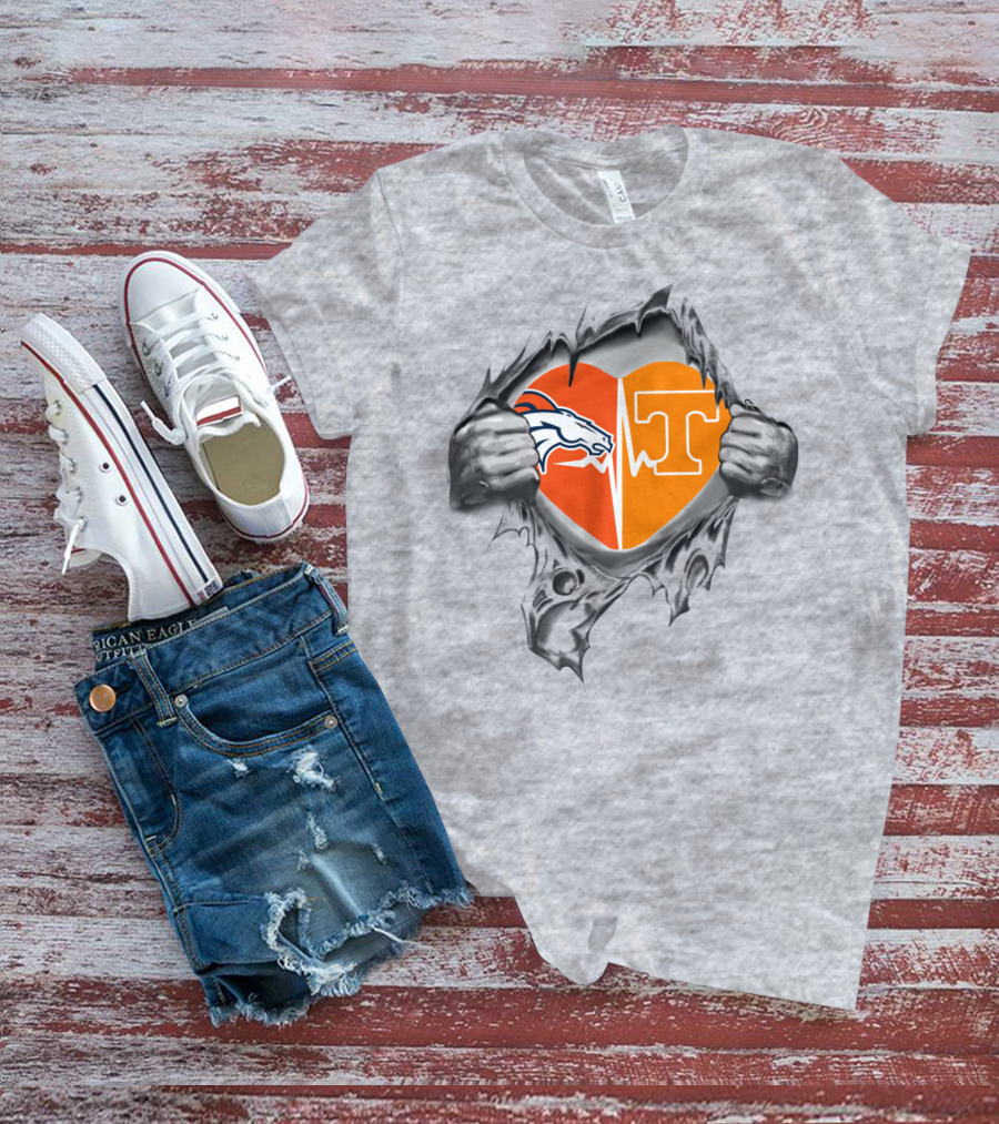 Broncos Horse Tennessee T Heart Logo Split With Hands And Rip Effect T-Shirt
