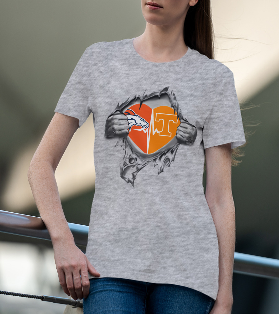 Broncos Horse Tennessee T Heart Logo Split With Hands And Rip Effect T-Shirt