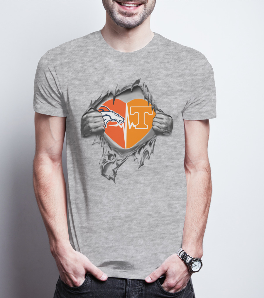 Broncos Horse Tennessee T Heart Logo Split With Hands And Rip Effect T-Shirt