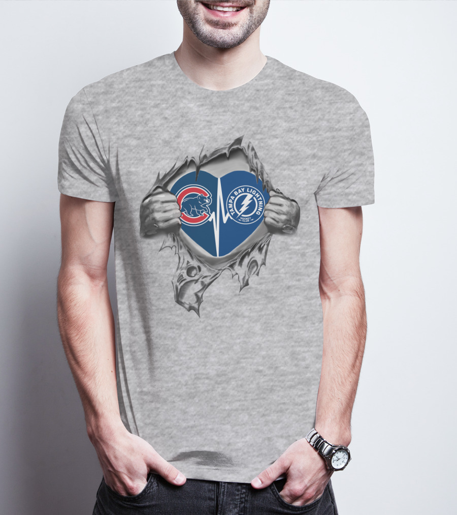 Cubs And Tampa Bay Lightning Heart Torn Open T-Shirt
