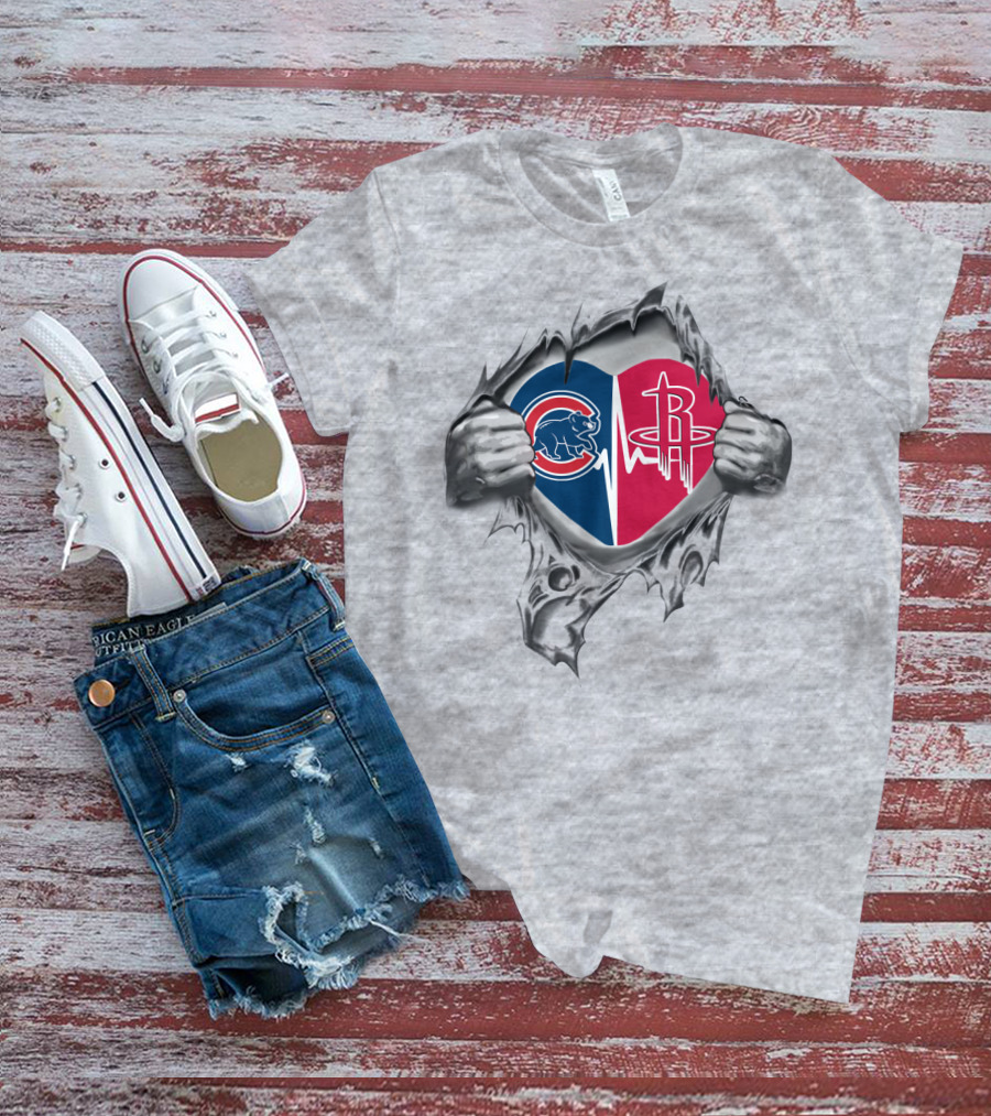 Cubs Rockets Logo Heartbeat Torn Fabric Effect T-Shirt