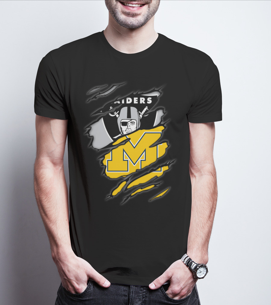 Raiders Oakland Helmet With Michigan Block M Fusion T-Shirt