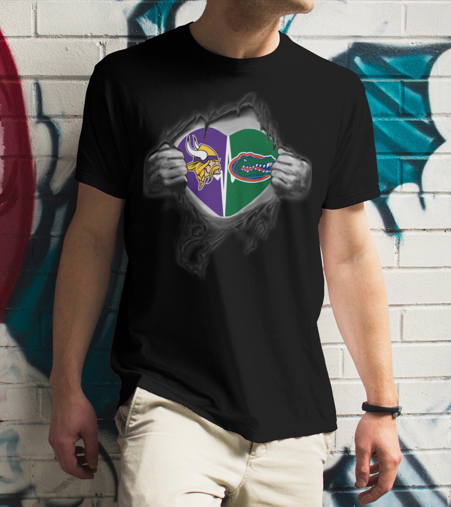 Vikings Gators Heart Split Logo Inside Ripped Chest T-Shirt