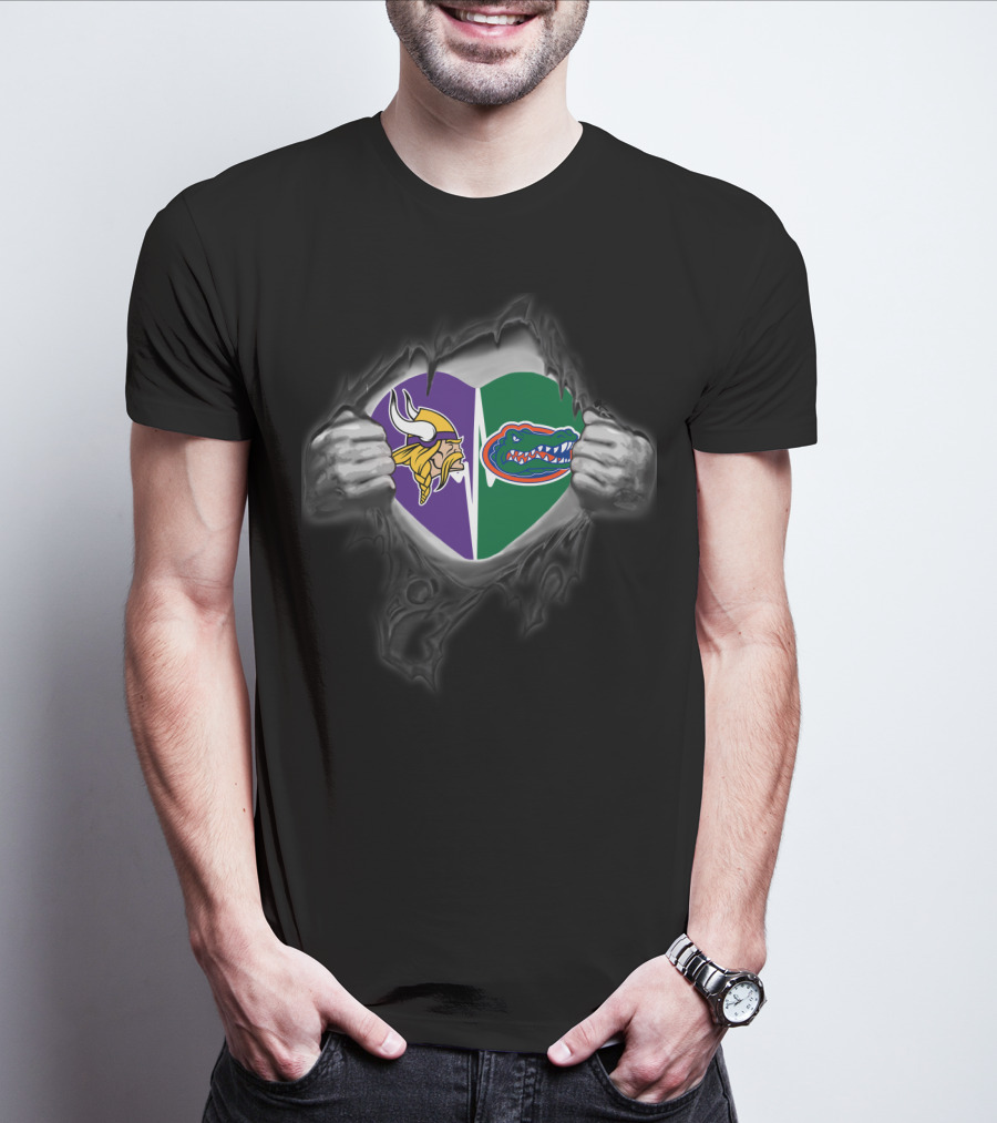 Vikings Gators Heart Split Logo Inside Ripped Chest T-Shirt