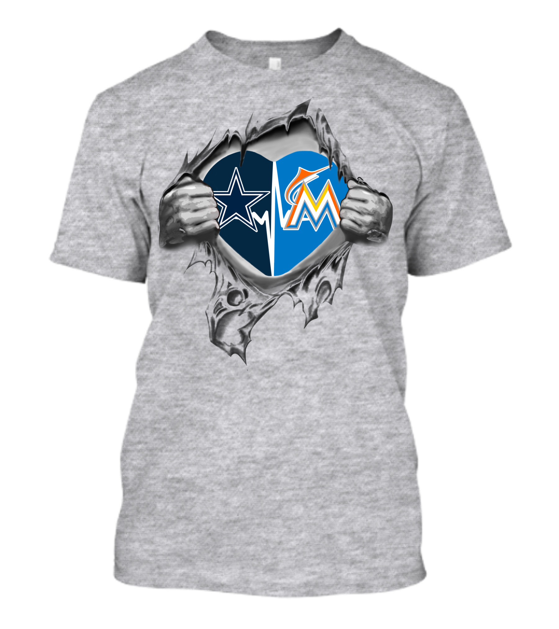 Cowboys Marlins Heart Design With Team Logos And Ripped Effect T-Shirt