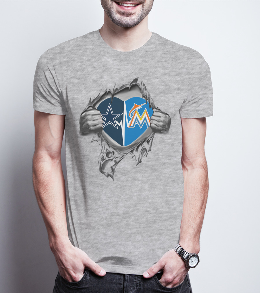 Cowboys Marlins Heart Design With Team Logos And Ripped Effect T-Shirt