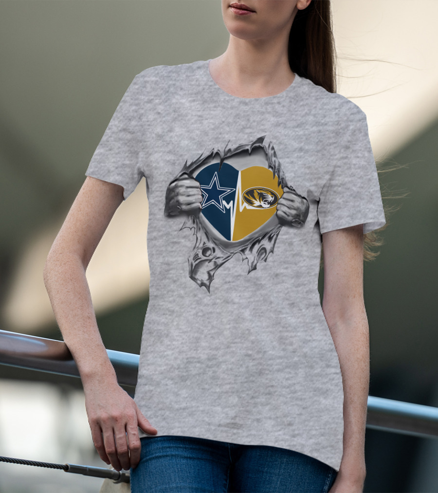 Cowboys Missouri Tigers Heart Symbol With Team Logos And Dual Loyalty T-Shirt