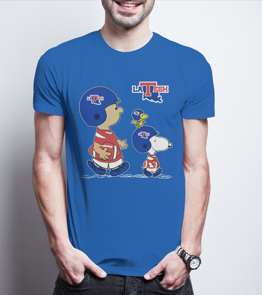 LA Tech Snoopy Football Helmet With Woodstock And Charlie Brown T-Shirt
