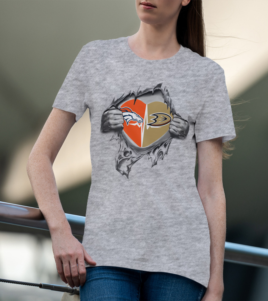 Broncos Anaheim Ducks Split Heart Loyalty Torn Open T-Shirt