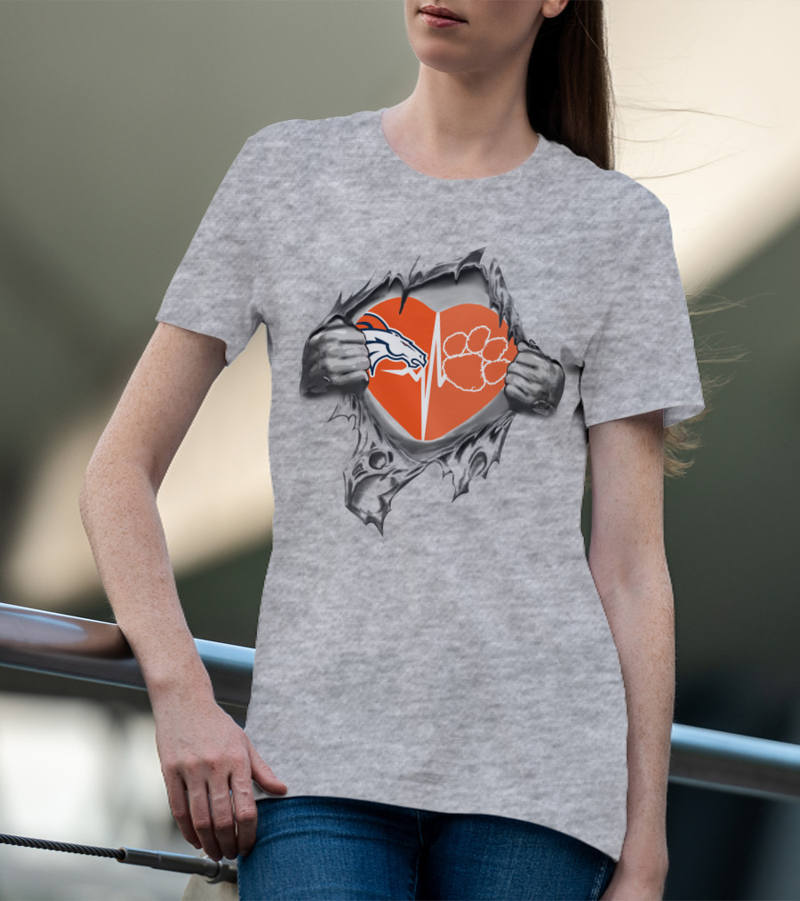 Broncos Clemson Tigers Heart Design Dual Logo With Rip Effect T-Shirt