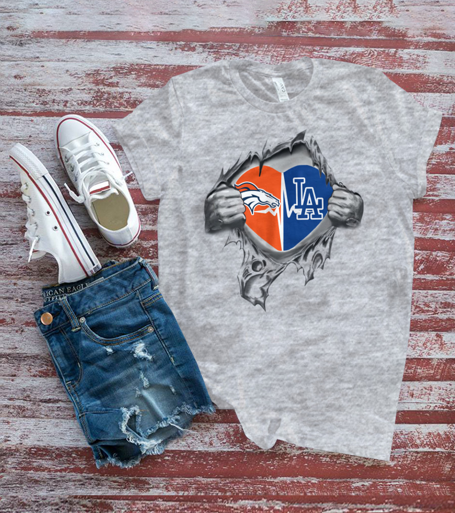 Broncos Dodgers Heartbeat Fusion Logo With Ripped Heart T-Shirt