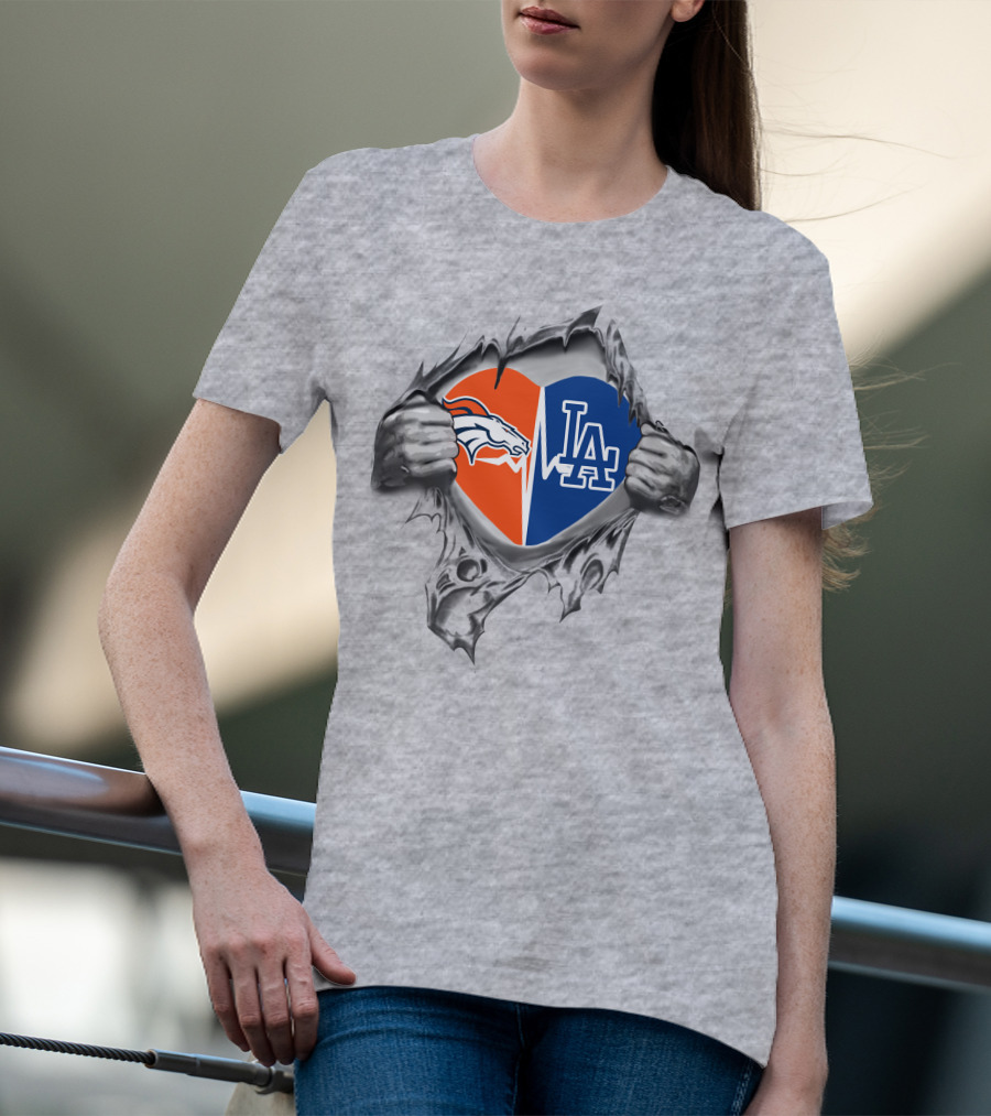 Broncos Dodgers Heartbeat Fusion Logo With Ripped Heart T-Shirt