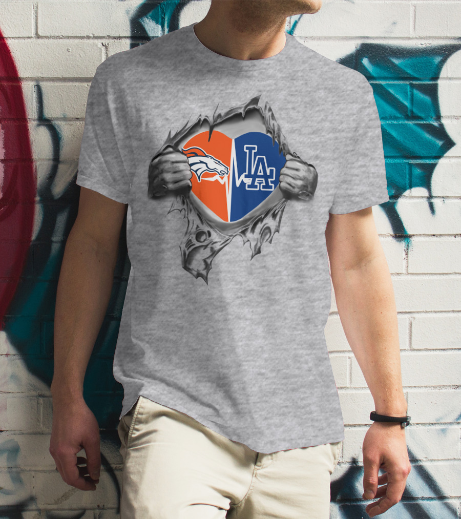 Broncos Dodgers Heartbeat Fusion Logo With Ripped Heart T-Shirt