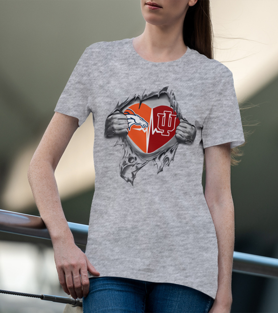 Broncos And Hoosiers Heart Emblem With Split Logos And Ekg Line Featuring Passion And Loyalty T-Shirt
