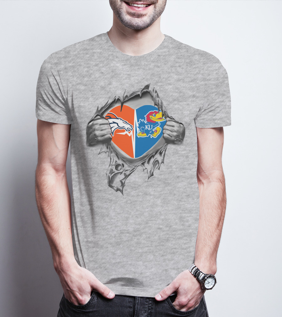 Broncos Kansas Jayhawks Heart Logo Rip T-Shirt