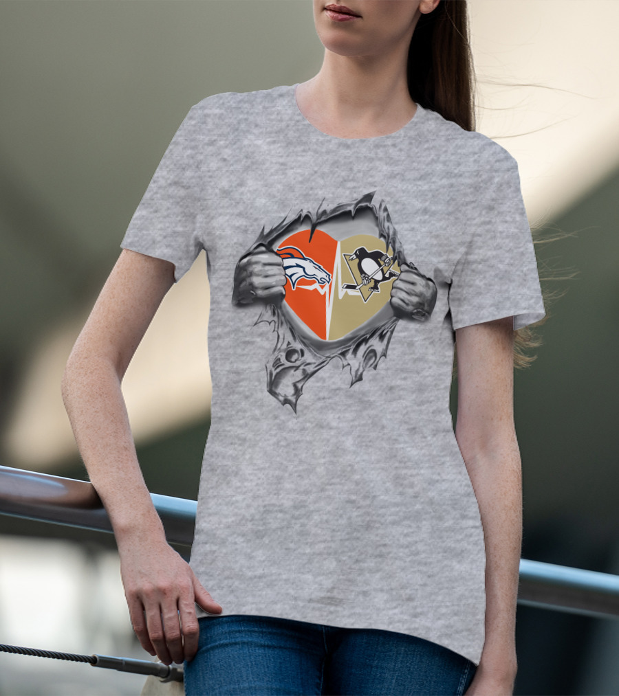 Broncos Penguins Heart Split Tear Fan T-Shirt