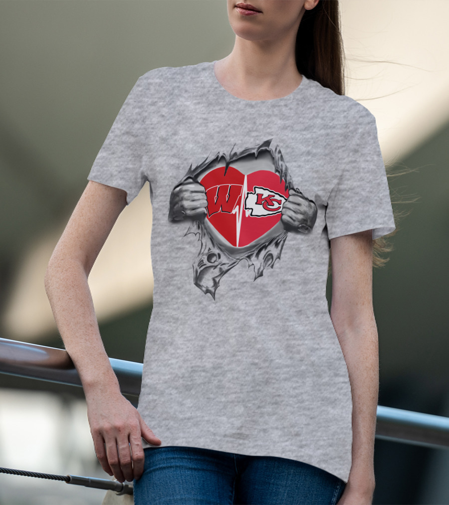 Chiefs Badgers Heart Torn Revealing Wisconsin Kansas City T-Shirt