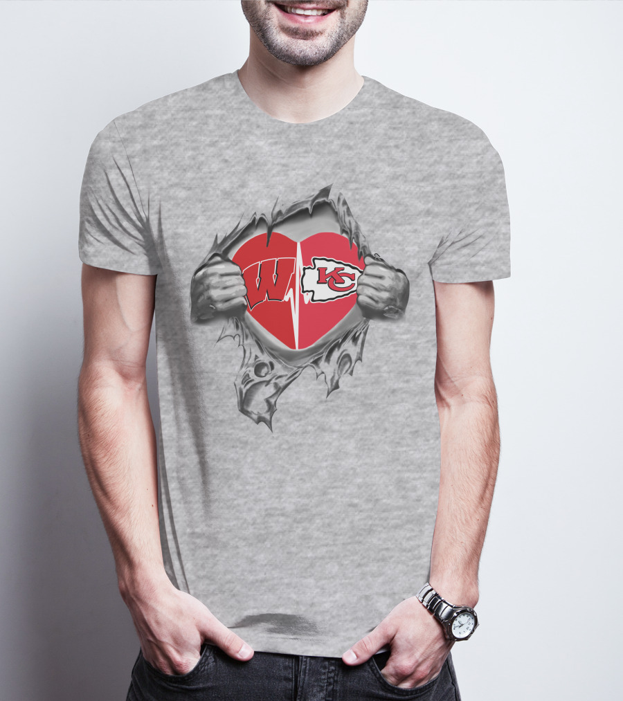 Chiefs Badgers Heart Torn Revealing Wisconsin Kansas City T-Shirt