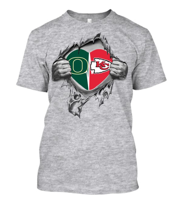 Chiefs Ducks Heart Peeking Design With Kansas City Logo And Oregon Emblem T-Shirt