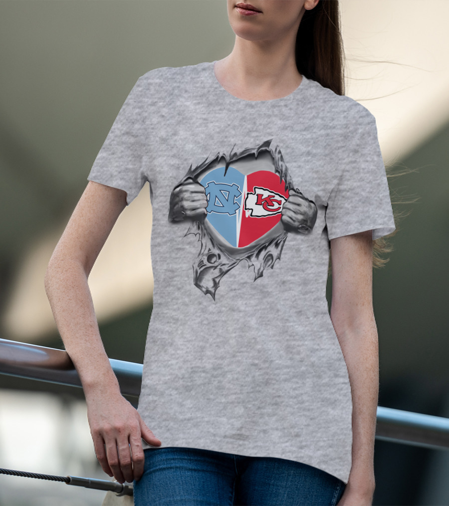 Kansas City Chiefs North Carolina Tar Heels Heart Logos Passion T-Shirt