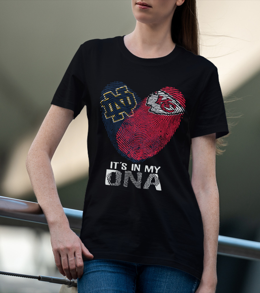 Notre Dame And Kansas City Chiefs Fingerprint Heart It's In My DNA T-Shirt