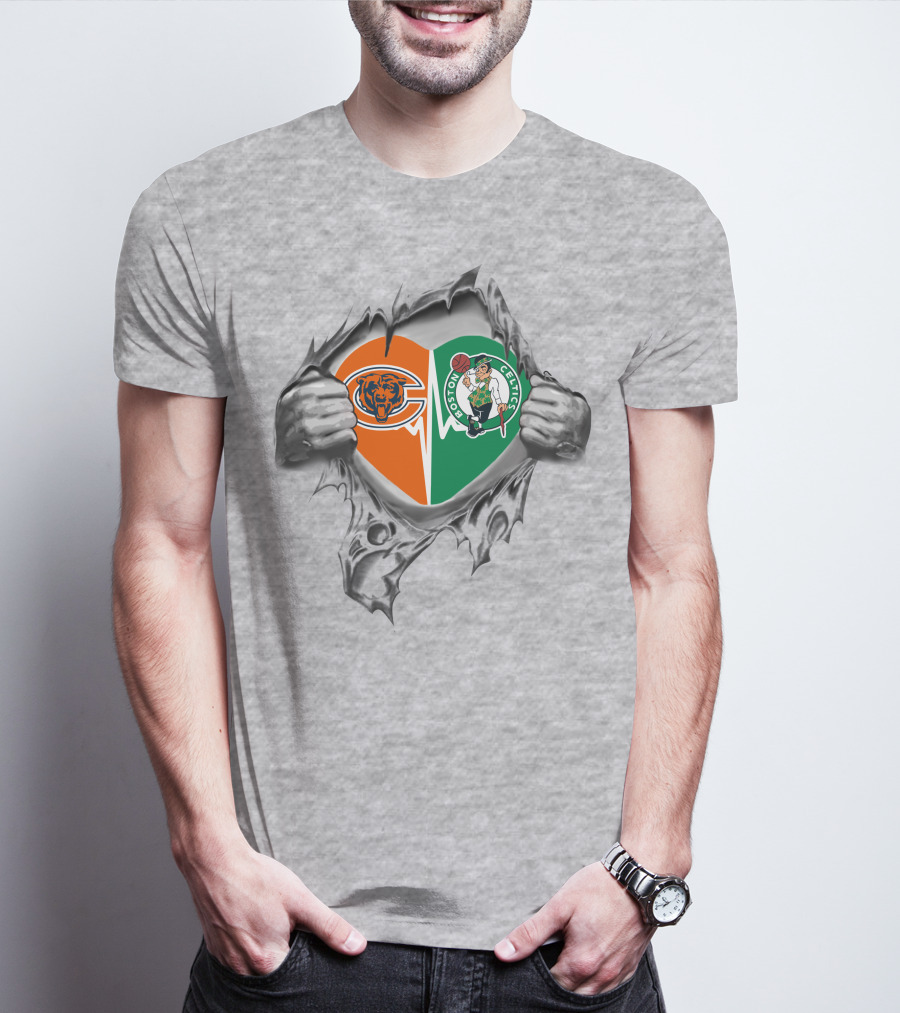 Chicago Bears Boston Celtics Heart Tear Emblems T-Shirt