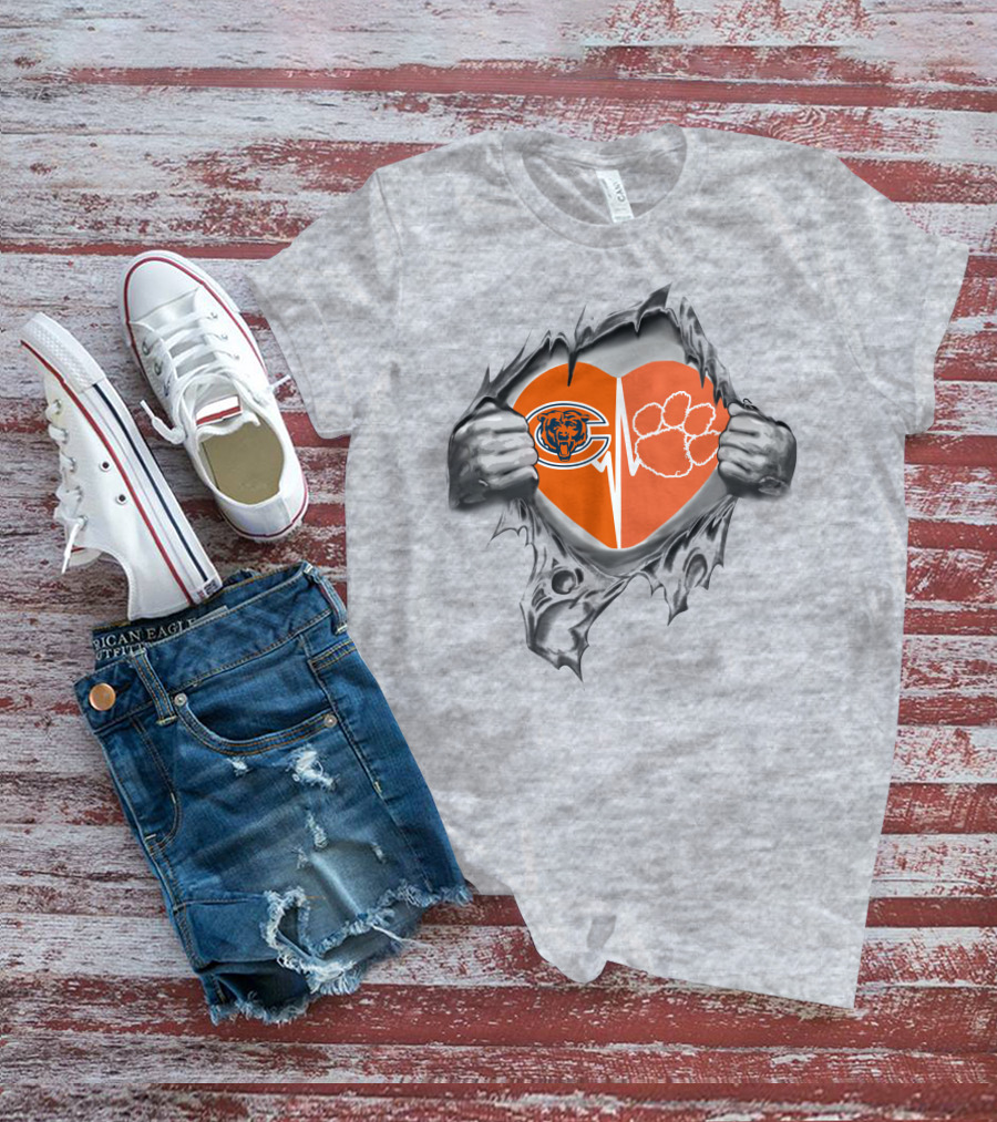 Clemson Tigers Paw And Bears Split Heart Tear T-Shirt