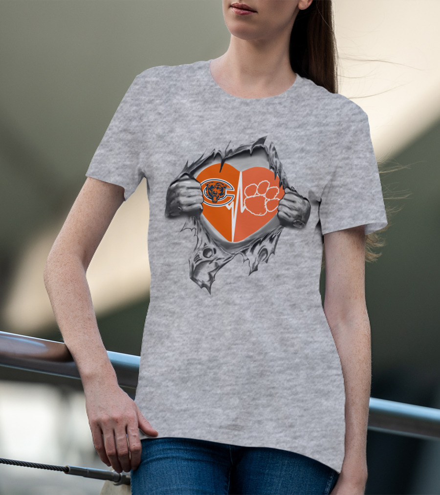 Clemson Tigers Paw And Bears Split Heart Tear T-Shirt
