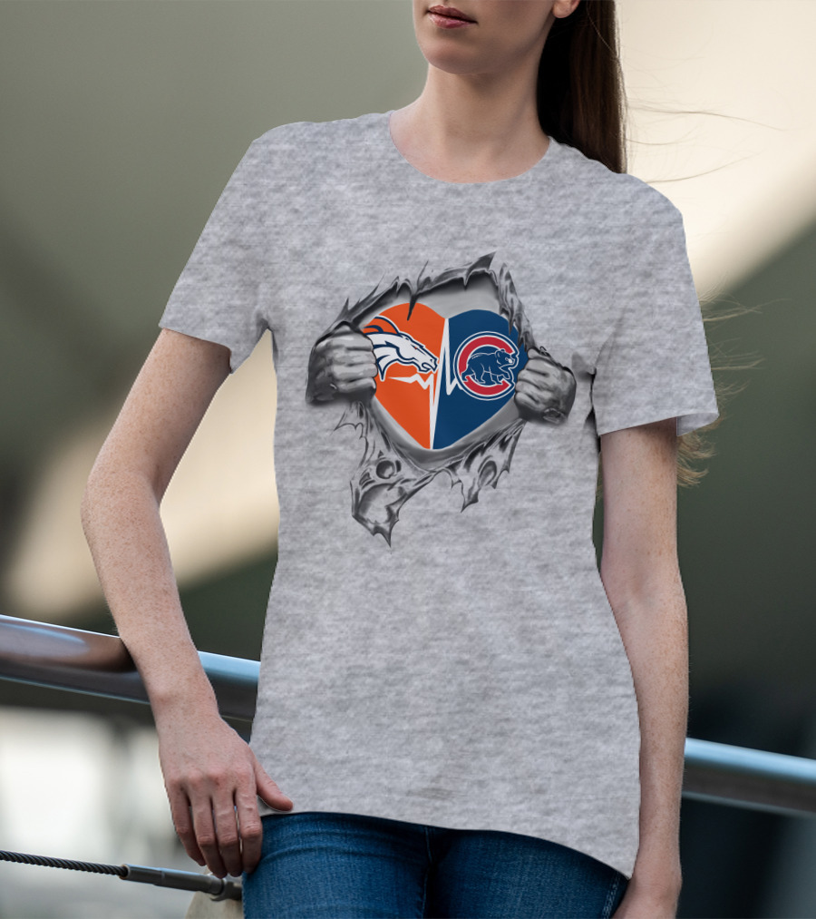 Broncos Cubs Heart Design In Ripped Grey T-Shirt