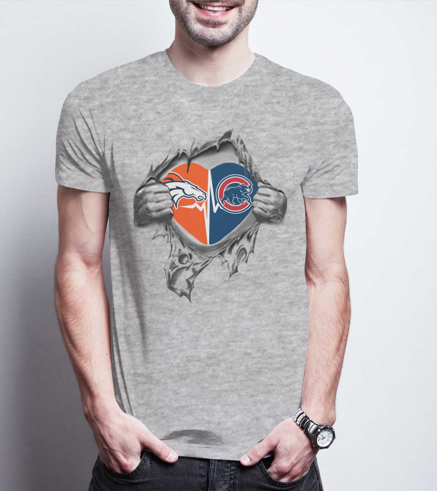 Broncos Cubs Heart Design In Ripped Grey T-Shirt