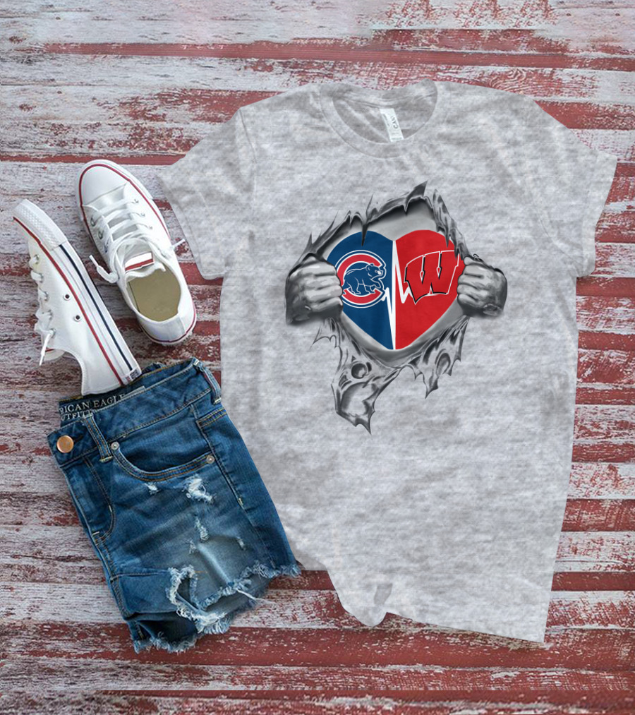 Cubs Badgers Heart Design With Logos Inside Torn Fabric T-Shirt