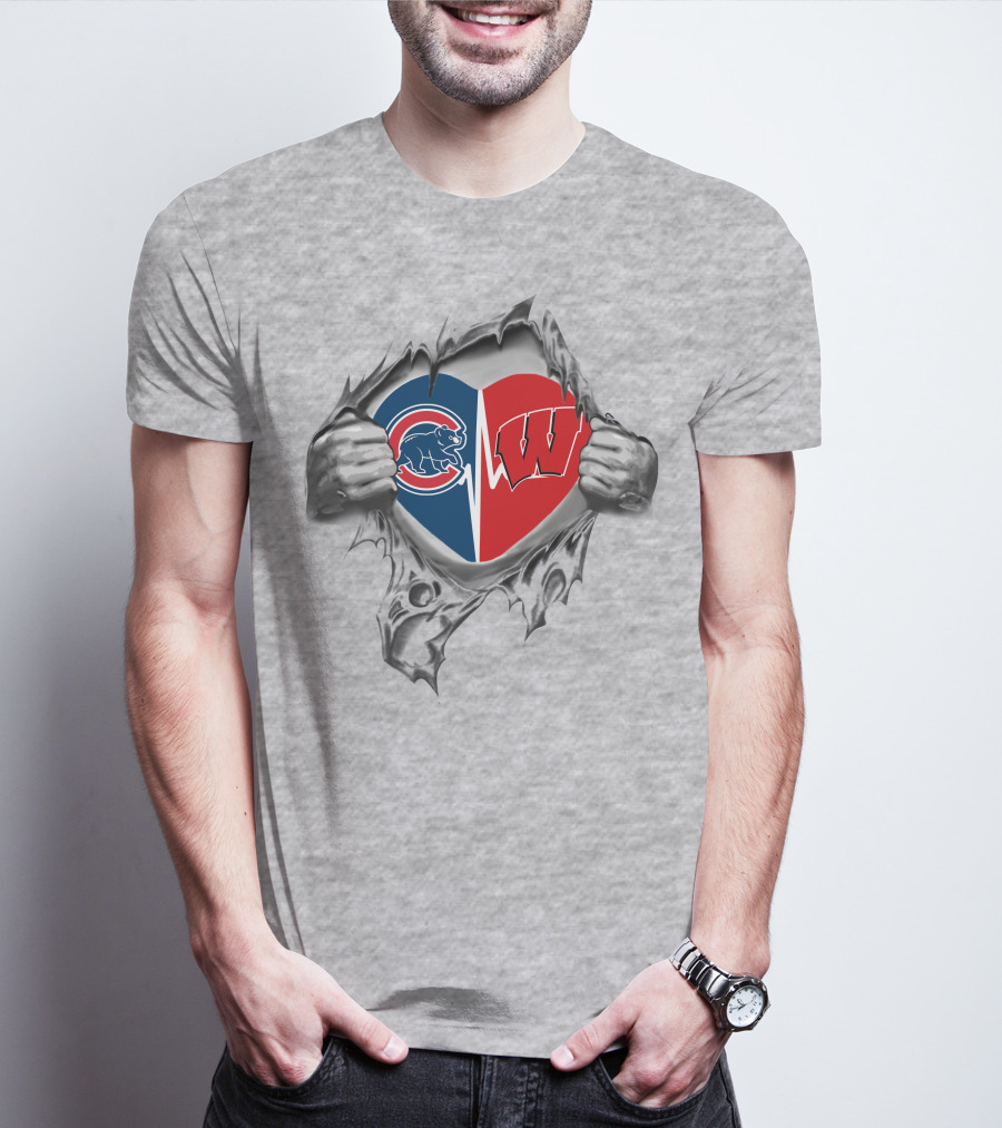 Cubs Badgers Heart Design With Logos Inside Torn Fabric T-Shirt