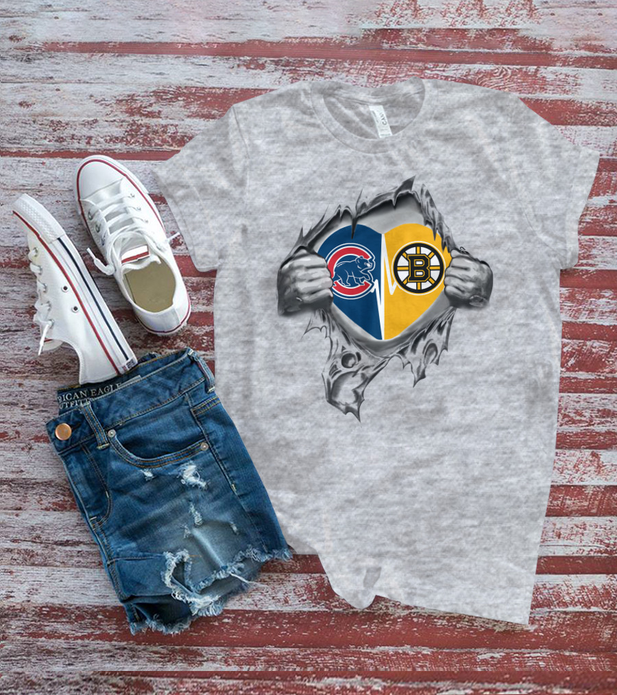 Cubs Bruins Heartbeat Split Torn Fabric Hands T-Shirt