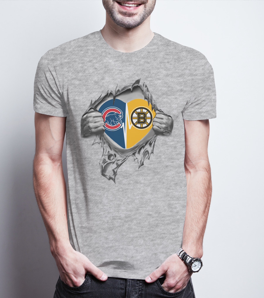 Cubs Bruins Heartbeat Split Torn Fabric Hands T-Shirt