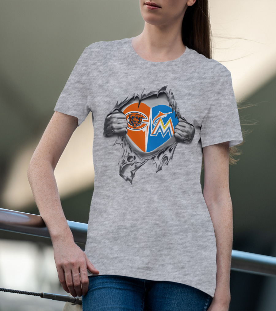 Chicago Bears Miami Marlins Heart T-Shirt